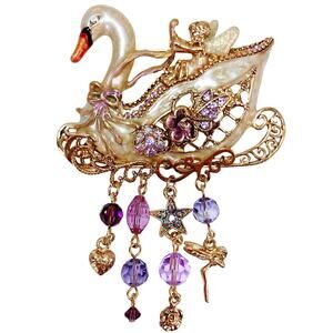 Vintage Signed Kirk's Folly Fairy Swan Sleigh Brooch Gold Tone Rhinestone Whimsy
